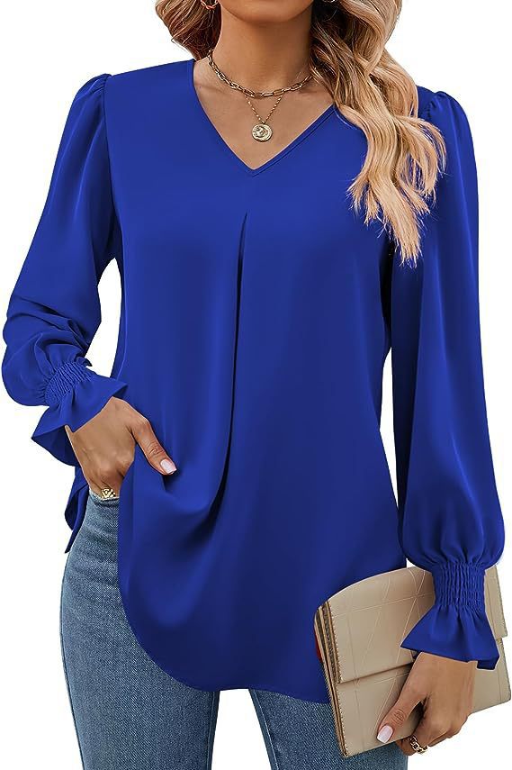 Dame Elegant Bluse med V-udskæring og Pufærmer Stilla