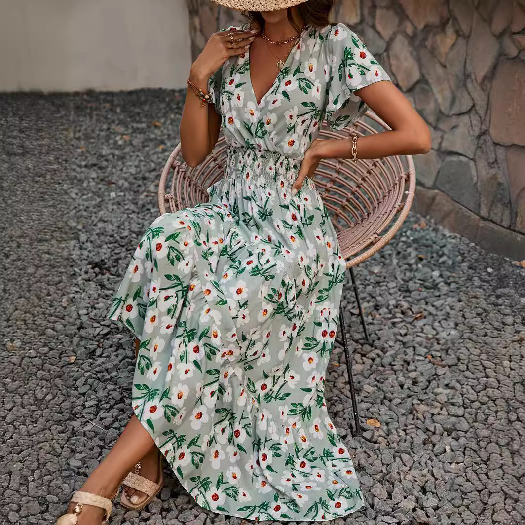 Dame Floral Print Maxi Kjole med rynket liv og flagrende ærmer Stilla