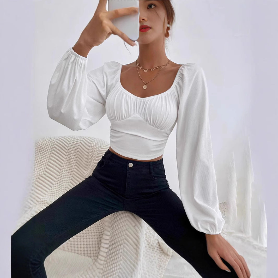 Dame Vedligeholdelsesvenlig Crop-Top med Puffærmer og dekorativ Rynkning Stilla