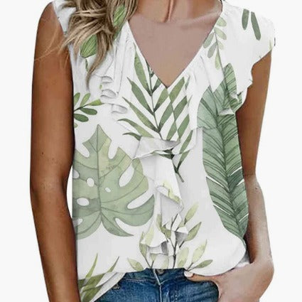 Dame blomstret flæsebluse med V-halsudskæring og ærmeløs design Stilla