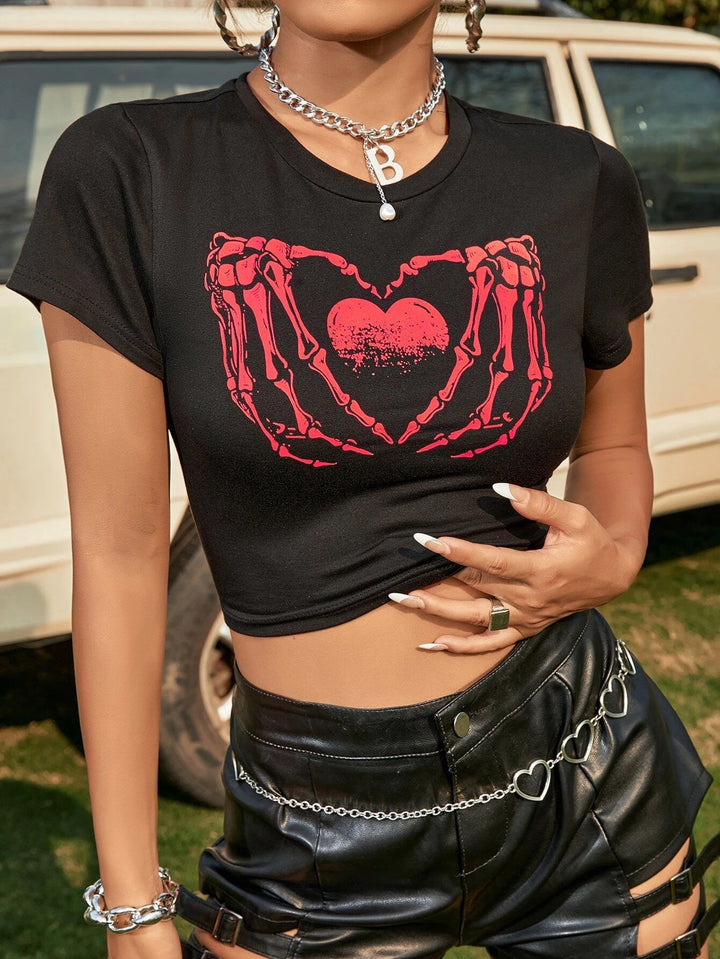 Dame Crop-Top med kreativt skeletthåndmotiv Skovae