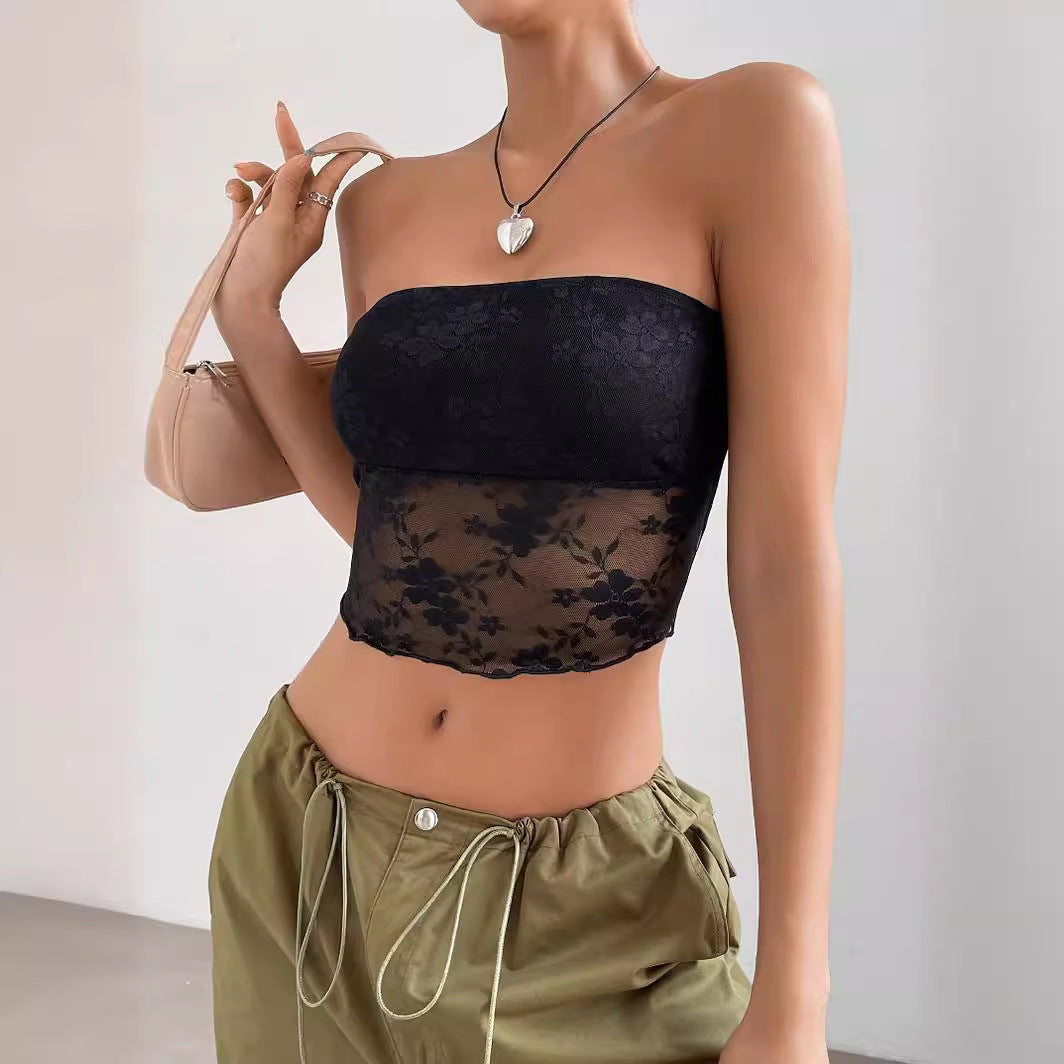 Dame gennemsigtig Crop-Top med florale detaljer Skovae
