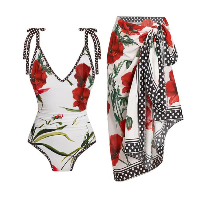 Dame One-piece badedragt med blomsteraccenter og matchende omslagsnederdel Skovae