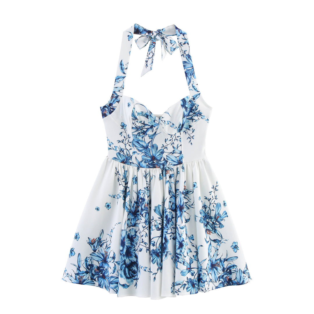 Dame Floral Print Halter Kjole Stilla