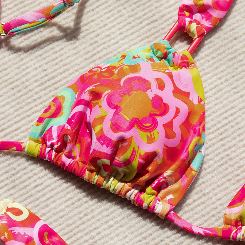 Dame trekant bikini med justerbare stropper og blomsterdesign Skovae