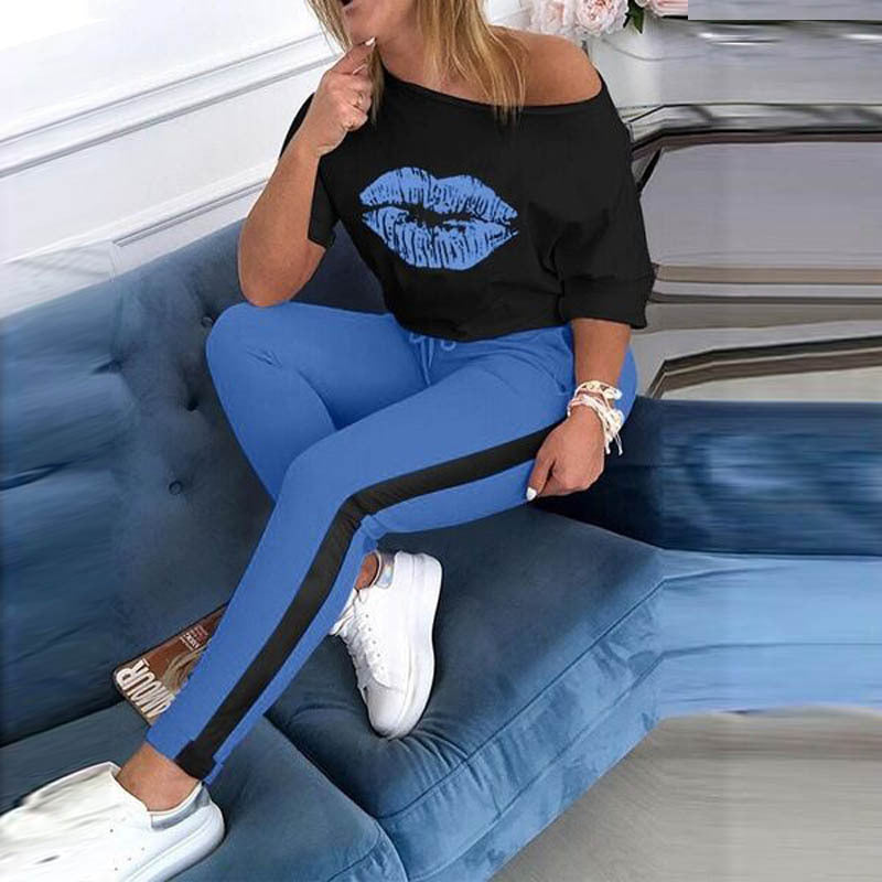 Dame Mode Sweatshirt med Læbe Motiv og Sporty Leggings Stilla