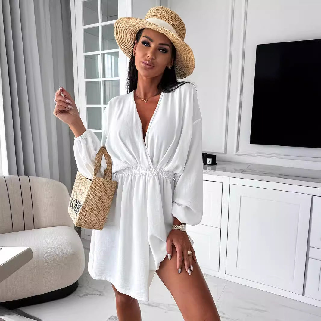 Dame afslappet strandkimono med dyb v-hals og elegante puffærmer Stilla