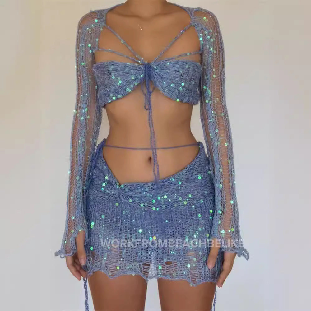 Dame Crop-Top med glitrende pailletter og lange bånd Stilla