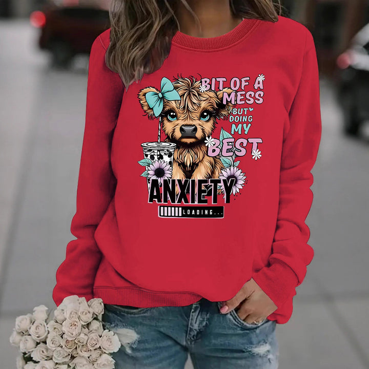Kvinders sweatshirt med kreativ hundedesign og inspirerende skrift Stilla