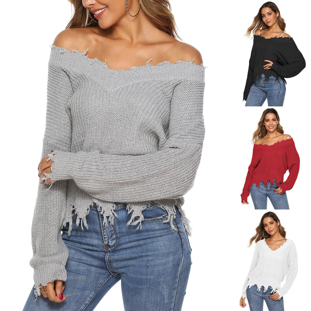 Dame grovstrikket pullover med V-hals og afslappet frynse-design Stilla