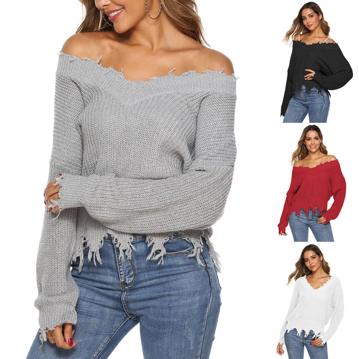 Dame grovstrikket pullover med V-hals og afslappet frynse-design Stilla