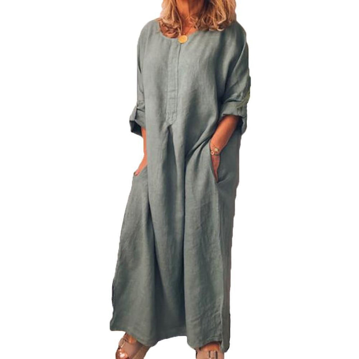 Dame Lettere Linnedress med elegant knaplist og praktiske lommer Stilla