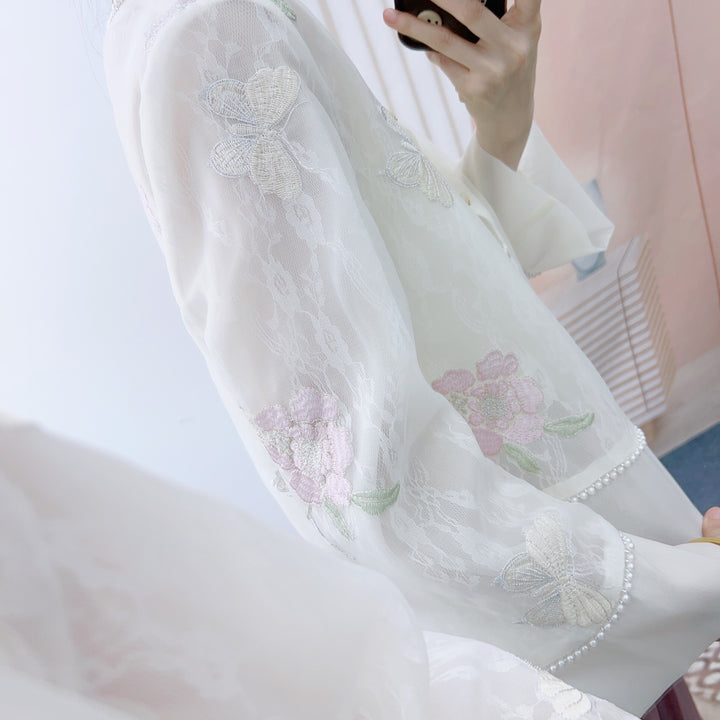 Dame Elegant Spids Jakke med florale Broderier og Perlesmykker Stilla