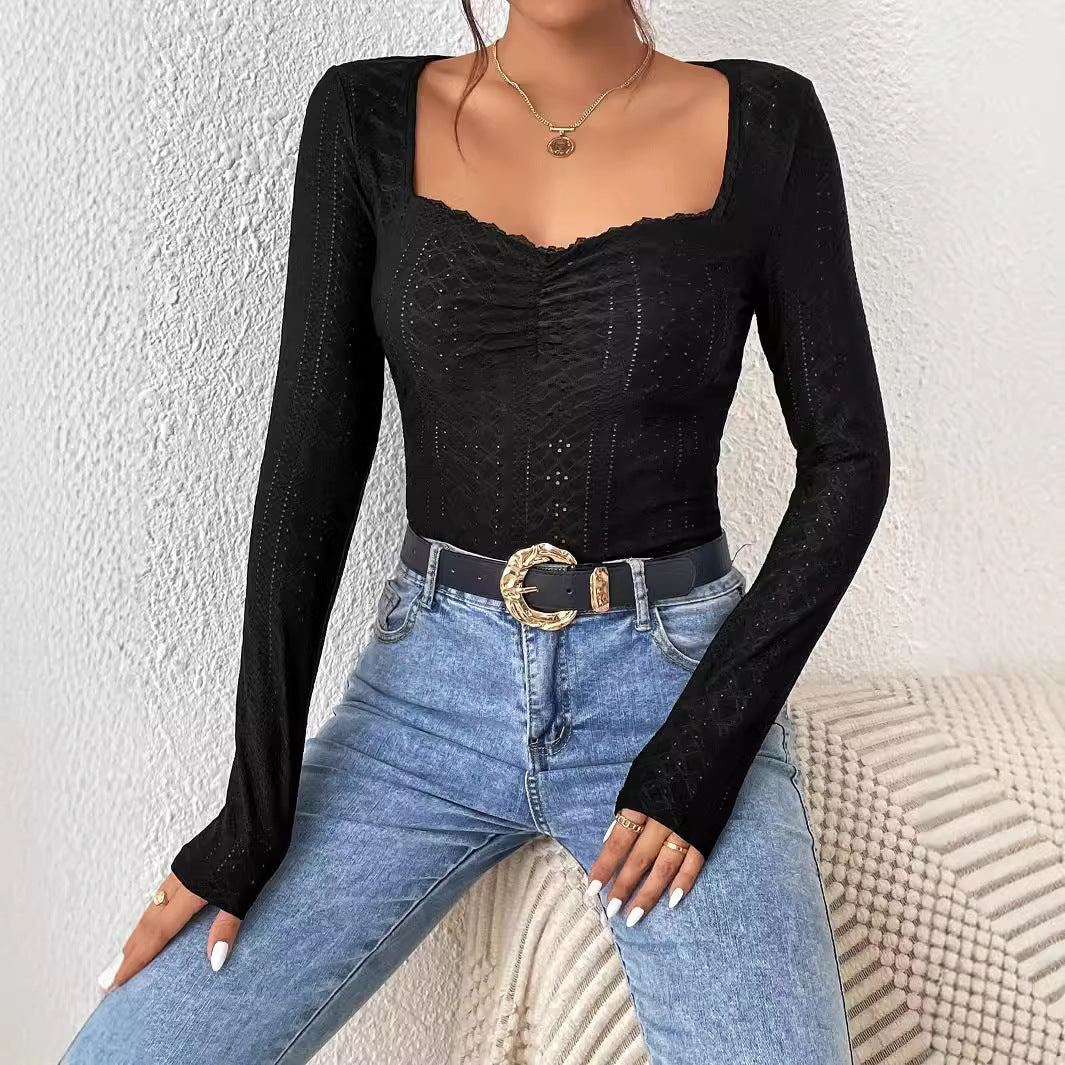 Kvinders langærmet bodysuit med firkantet udskæring og elegante flæser Stilla