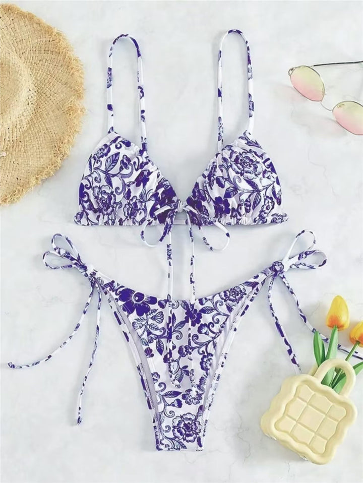 Dame Triangel-Bikini-sæt med blomsterdesign og justerbare bindebånd Stilla
