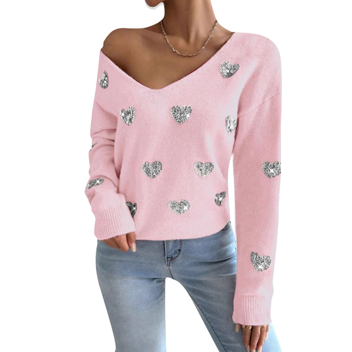 Dame oversized sweater med dyb V-hals og hjerte motiv Stilla
