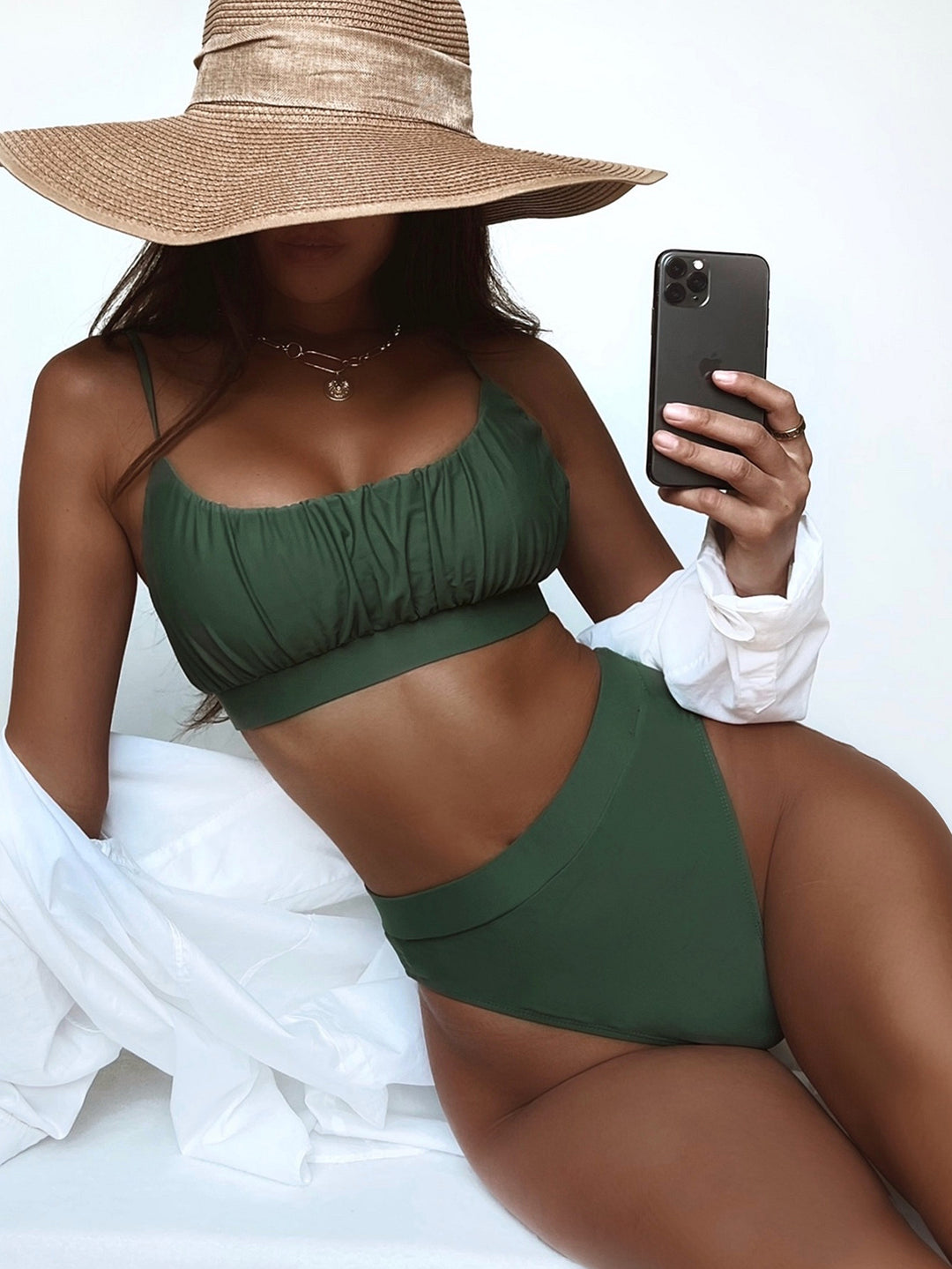 Dame Høj taljeret Bikini-sæt med rynket top og elastisk bånd Stilla