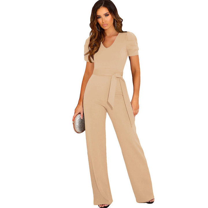 Dame Elegant Jumpsuit med Talje bælte og Puff ærmer Stilla
