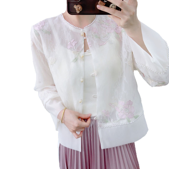 Dame Elegant Spids Jakke med florale Broderier og Perlesmykker Stilla