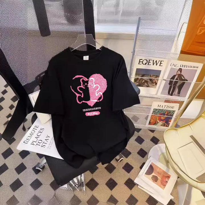 Dame T-shirt med kreativt hjerte- og dyremotiv Stilla