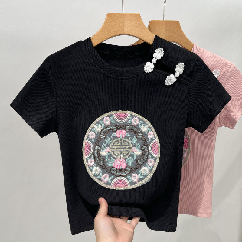Damer kortærmet T-shirt med kunstnerisk broderi og moderigtigt krave Stilla