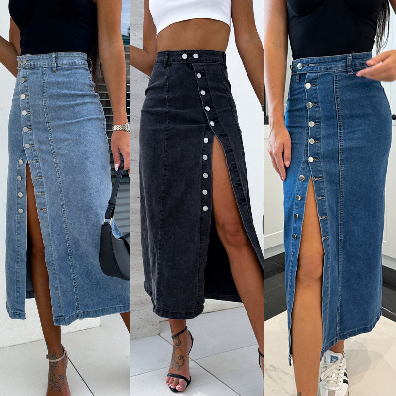 Dame midi denim nederdel med sidelæsning og dekorative knapdetaljer Stilla