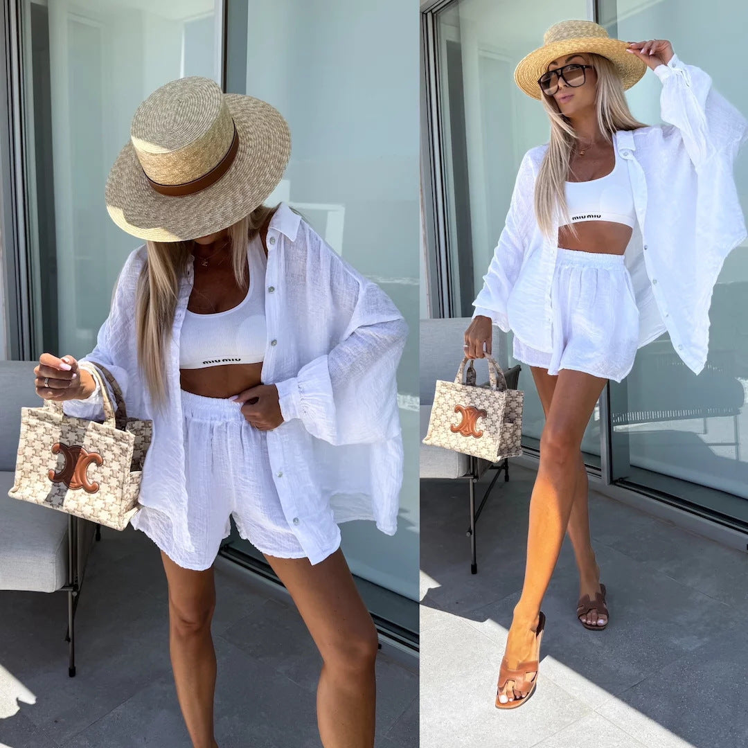 Kvinders Casual Kort Jumpsuit Sæt med Asymmetrisk Top og Elastisk Talje