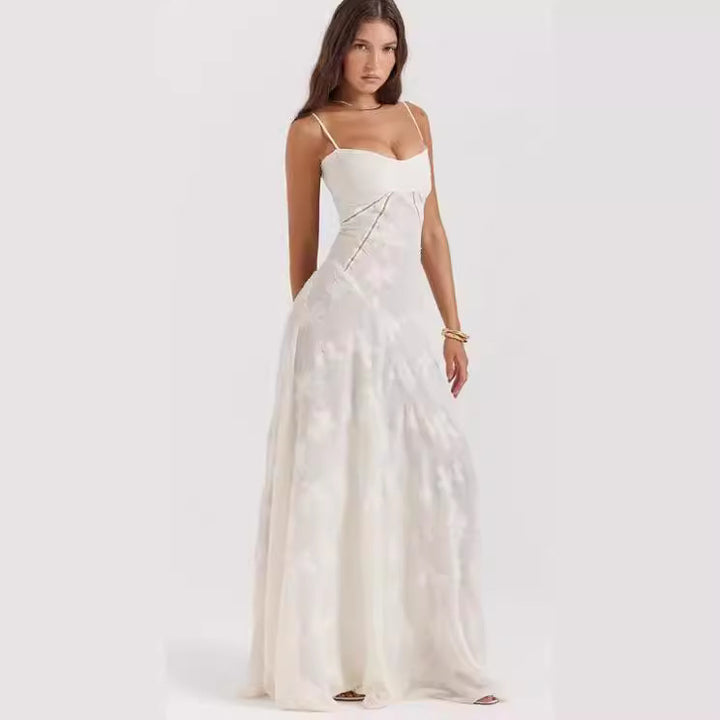 Dame Elegant Spids Maxi Kjole med sarte stropper og blomsterdesign Stilla