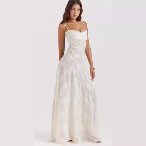 Dame Elegant Spids Maxi Kjole med sarte stropper og blomsterdesign Stilla