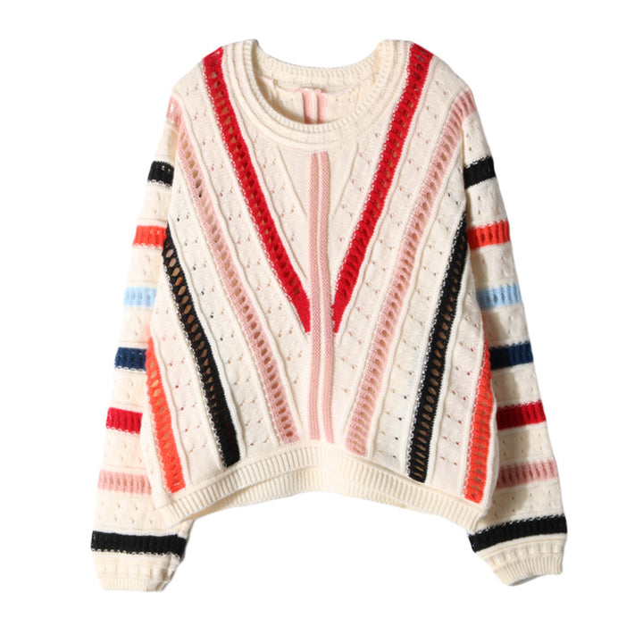 Kvindernes stilfulde sweater med farverig V-hals og tekstureret strikdesign Stilla