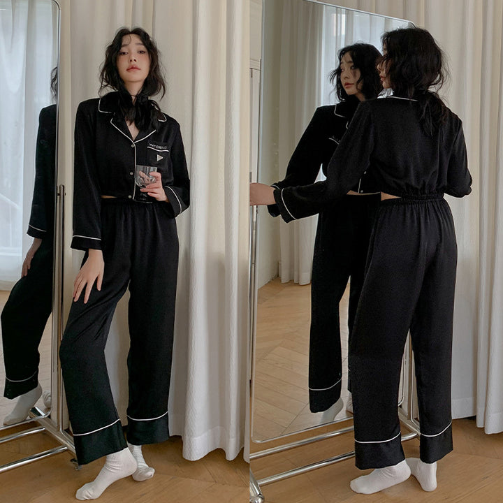 Dame Satin Pyjamasæt med elegante kontrastdetaljer Stilla