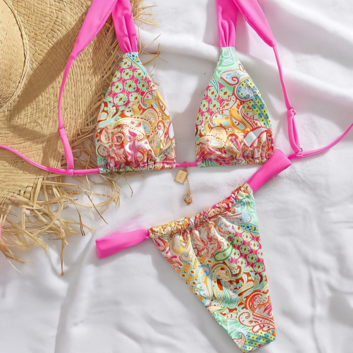 Dame triangle bikini med farverigt paisleymønster og justerbare stropper Skovae
