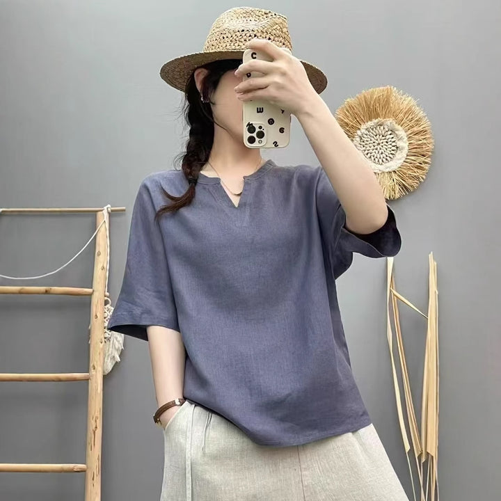 Femme Let V-Udskæring Linned Top Stilla