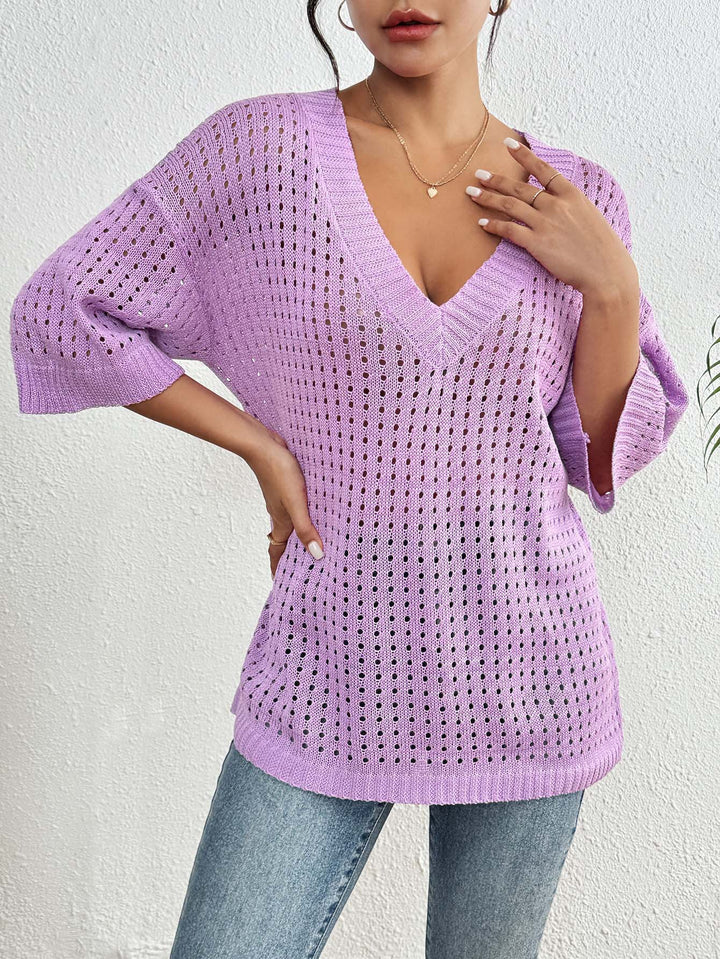 Dame luftig strikket pullover med V-hals og åben maskestruktur Stilla