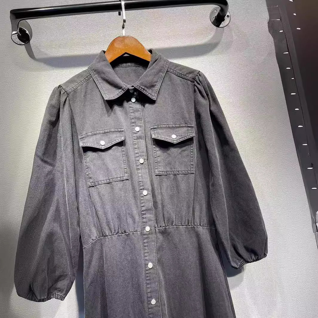 Dame skjortekjole med detaljerede lommer og elegante puffærmer Stilla