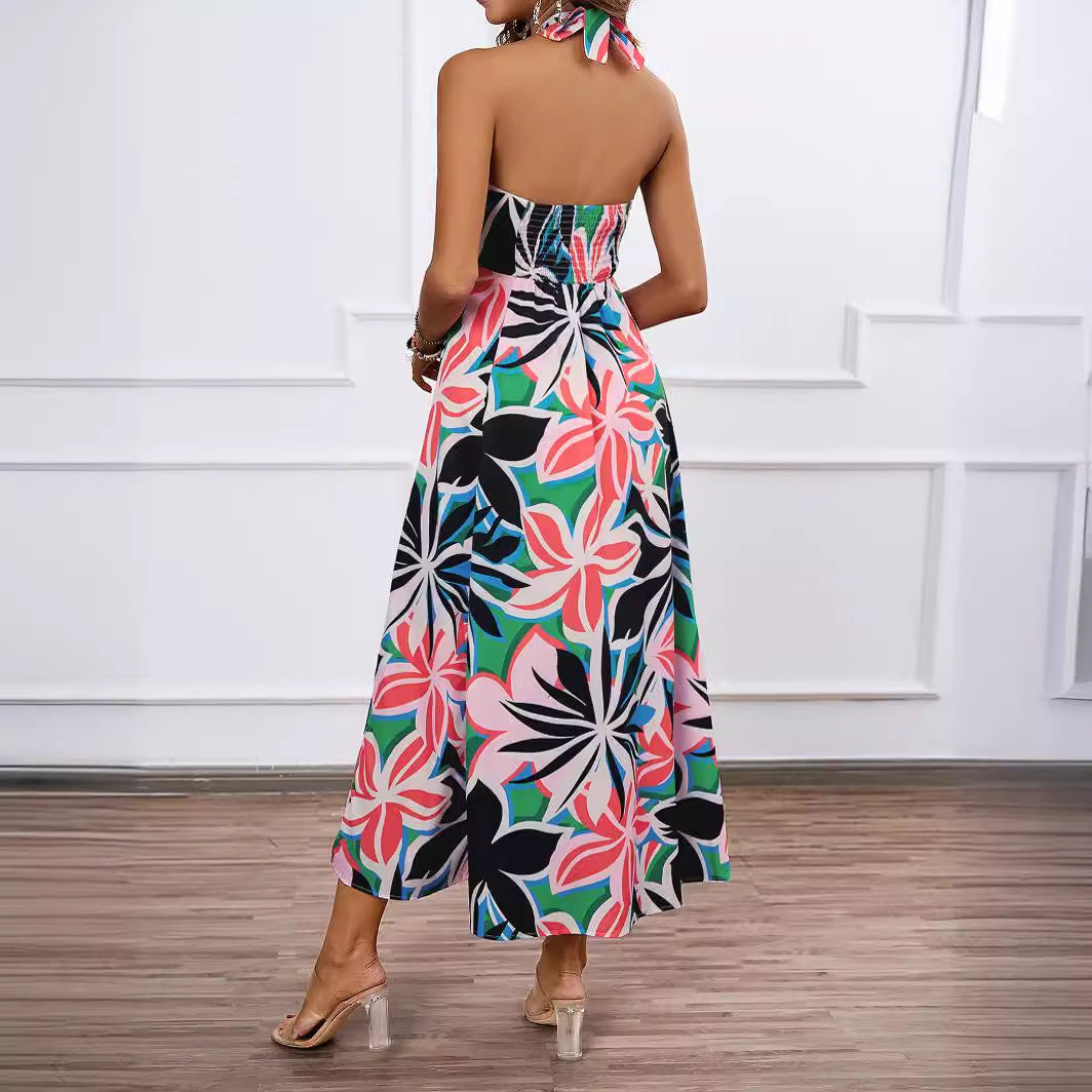 Dame maxi bustier kjole med blomsteraccenter og elastisk top Skovae