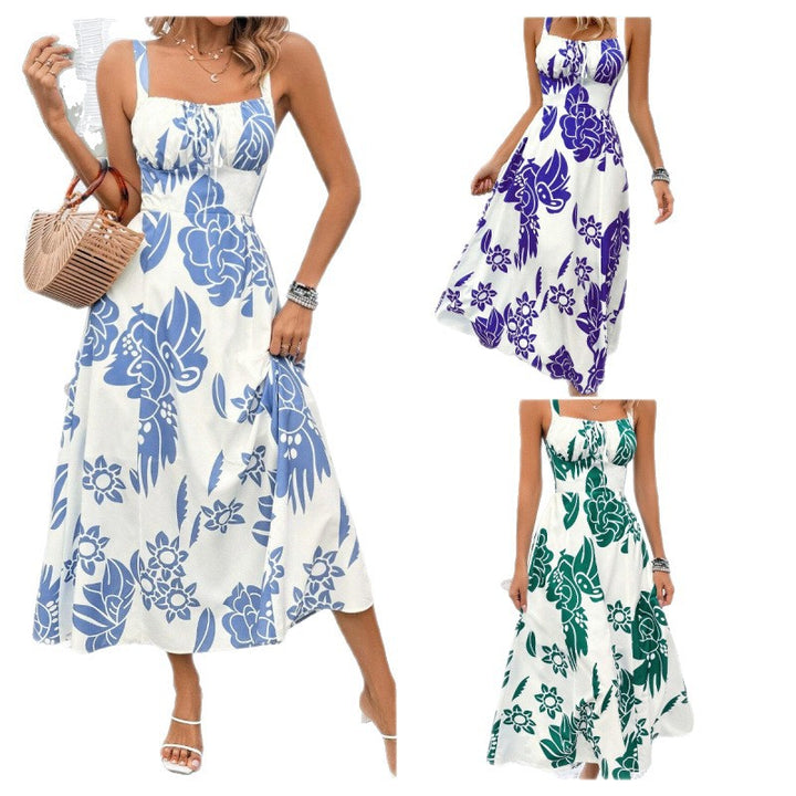 Dame Floral Print A-Line Midi Kjole med justerbare stropper Stilla