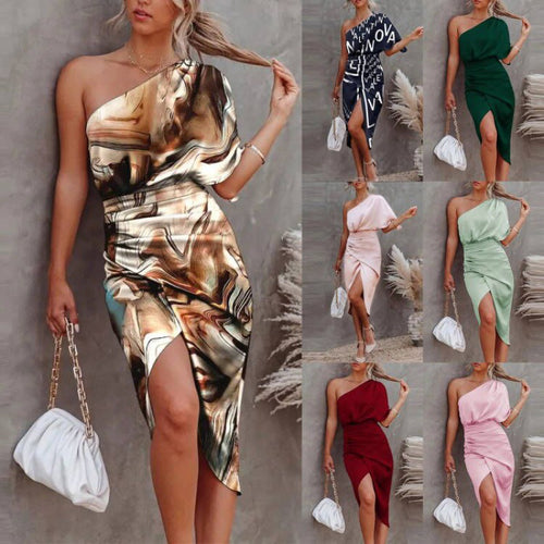 Dame One-Shoulder Satin Midi Kjole med Side Slids og Vikkedetalje Stilla