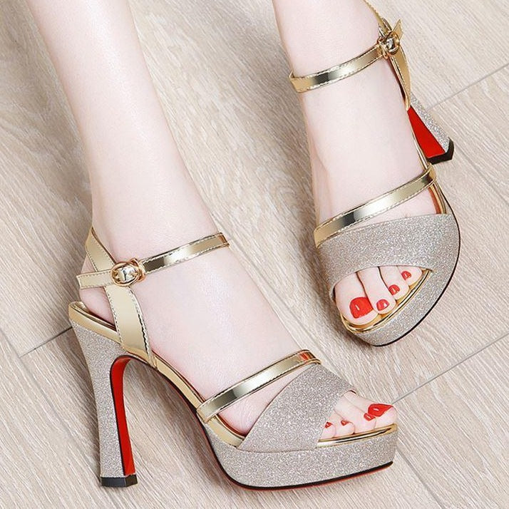 Dame Glamourøse High Heels med glitrende overflade og elegant blokhæl Stilla