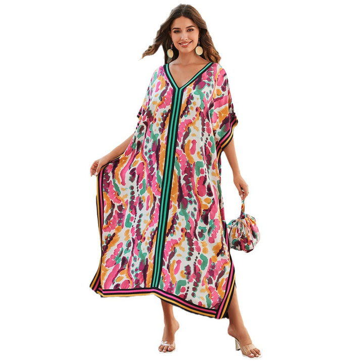 Dame Kaftan med livligt farvedesign og elegant V-udskæring Stilla