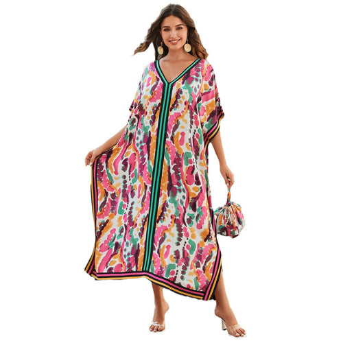 Dame Kaftan med livligt farvedesign og elegant V-udskæring Stilla