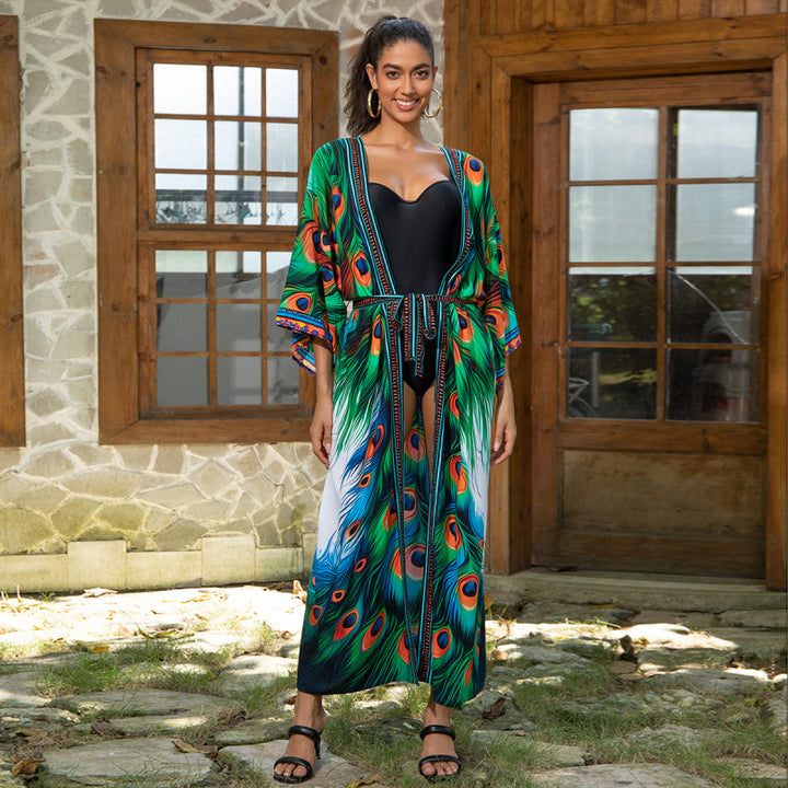 Dame Schal-Kimono med livlige fjerdesigns Stilla
