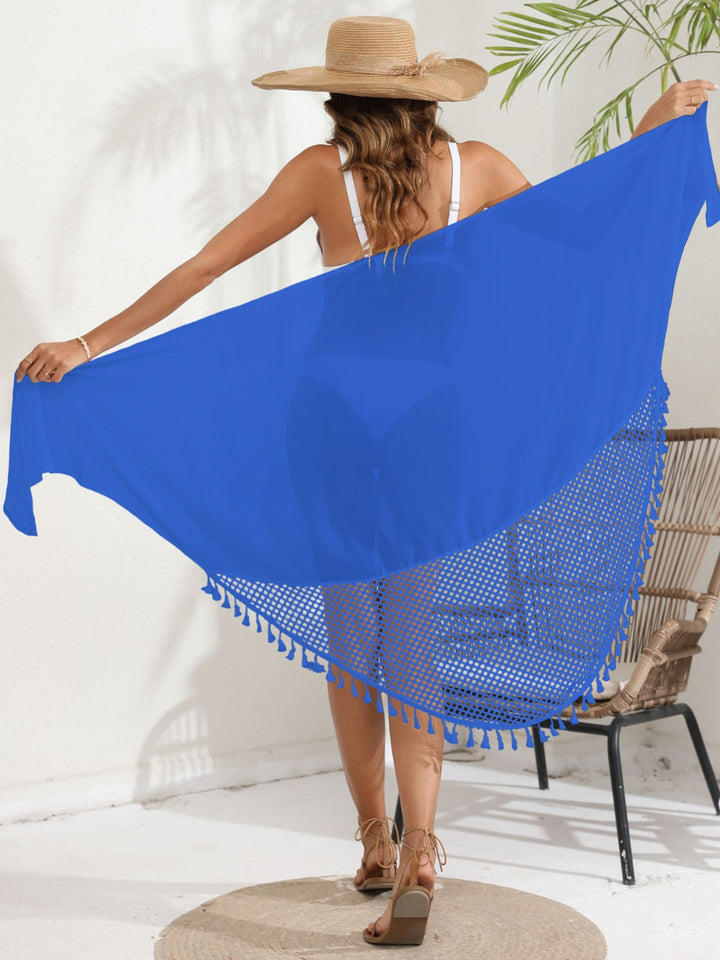 Dame transparent strandsarong med dekorative frynser og stilfuld knaplukning Stilla