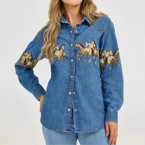 Dame denim skjorte med kreativt design af hest og høj kvalitets bomuldsblanding Skovae