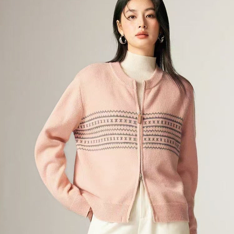 Kvinders cardigan med elegant lynlås og grafisk mønster Stilla