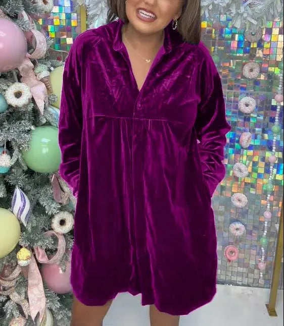 Dame luksuriøs velour skjortekjole med knap og legende snit Stilla