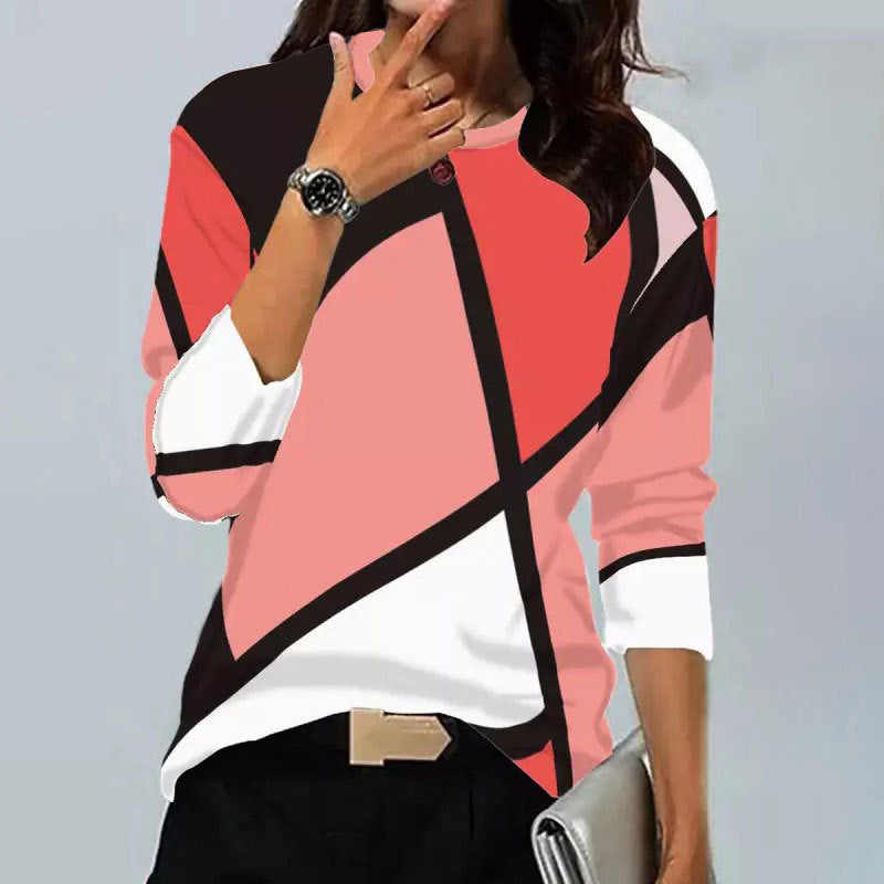 Stilla | Trendy Vintage Geometrisk Print Rund Hals Langærmet T-shirt