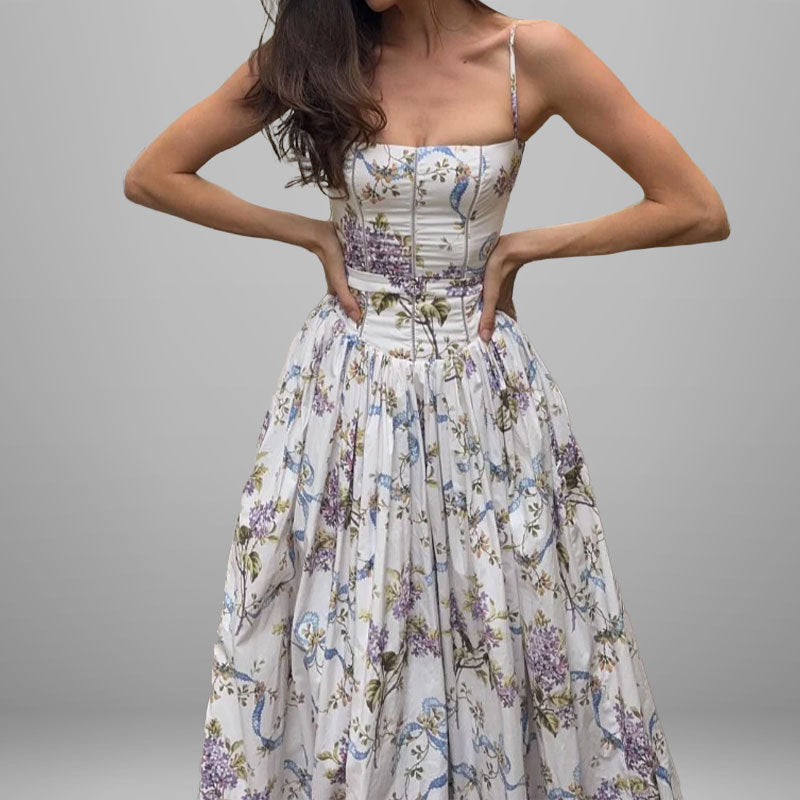 Dame maxi kjole med blomster mønstre og samlet top Stilla