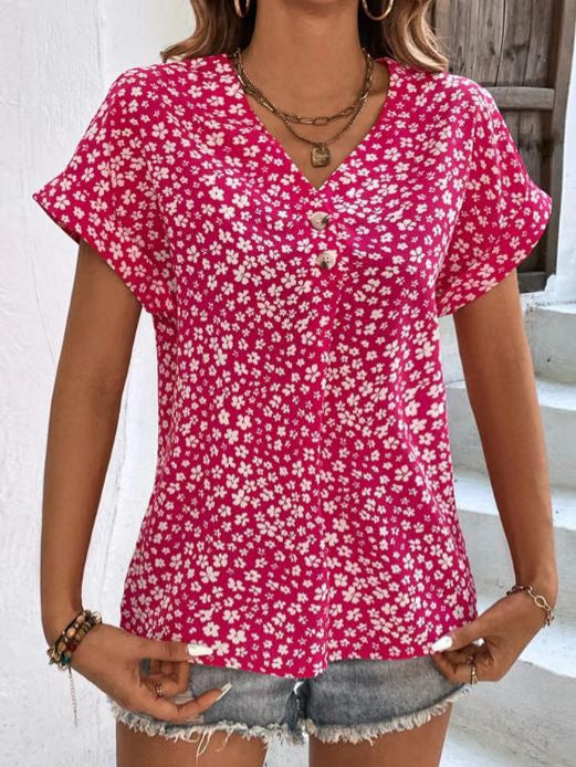 Dame bluse shirt med floral design og elegant V-udskæring Stilla
