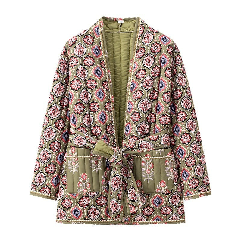 Dame kimono-jakke med farverigt etno-mønster og afslappet snit Stilla
